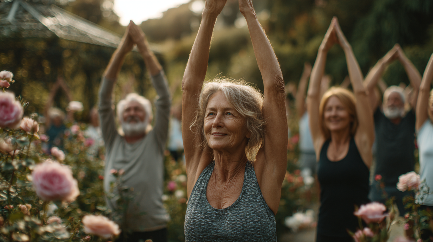 Grup de seniori practică yoga în aer liber, demonstrând spiritul de comunitate și bunăstare